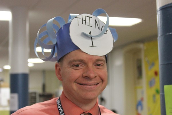Mr. Mohr wear's his hand made literacy day hat, "Thing1".
